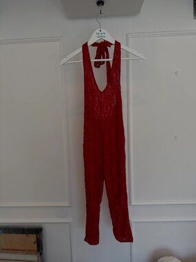 FINESSE Isabel Red Sheer Lace Halter Capri Jumpsuit Size XS